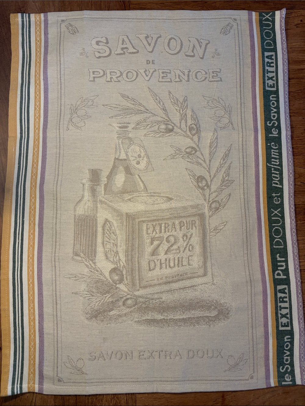 French Saxon de Provence Cotton Kitchen Towel in Cream with Green & Gold Stripes